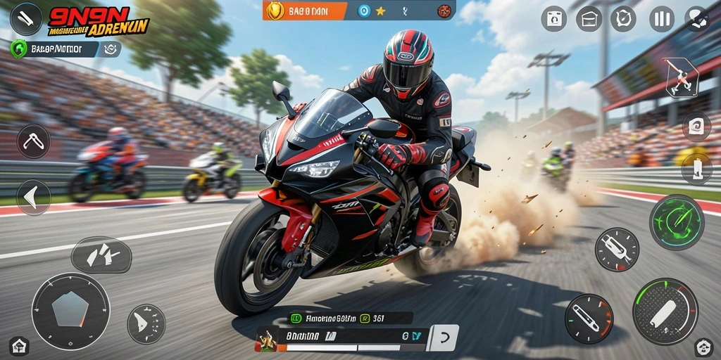 Screenshot menampilkan aksi balapan motor yang mendebarkan di <strong>9N9N</strong>.