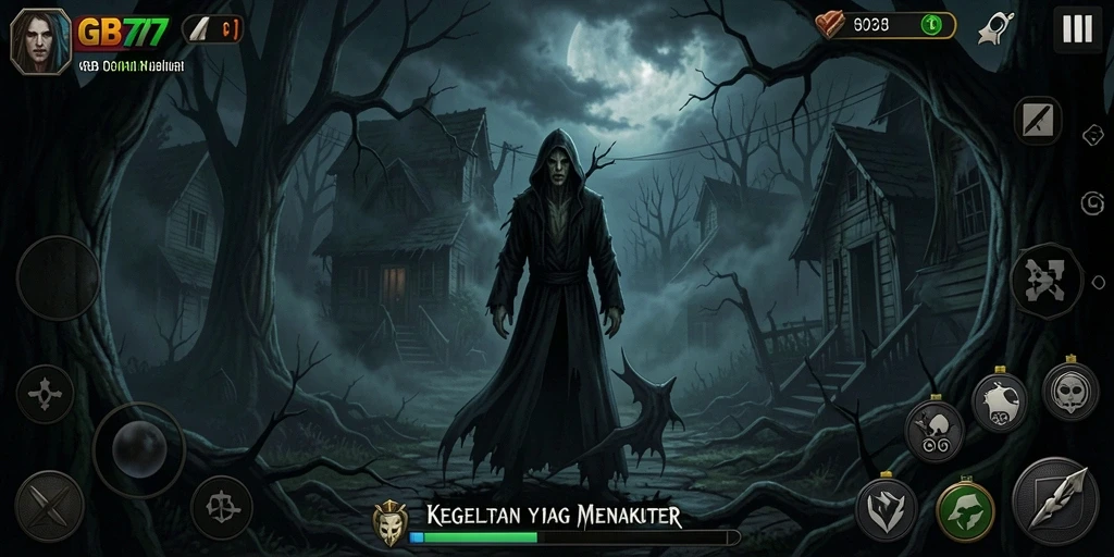 Screenshot utama menampilkan gameplay menegangkan di dalam dunia yang kelam.