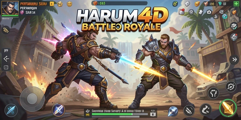 Tangkapan layar utama HARUM4D menampilkan aksi seru Battle Royale.