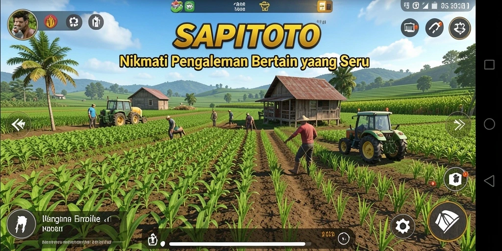 Screenshot gameplay SAPITOTO menampilkan suasana ladang yang indah dan hewan ternak.